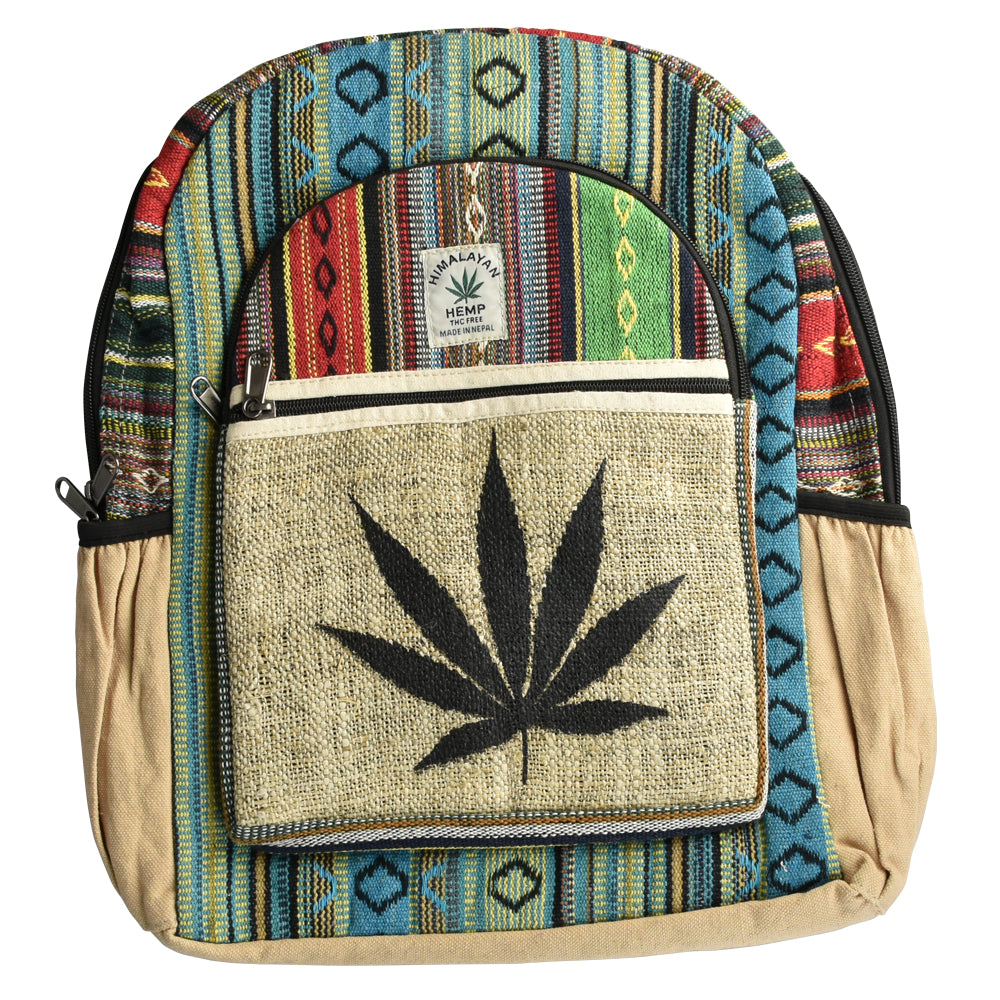 Himalaya Handmade Hemp Backpack - Black Leaf Colorful Stripes