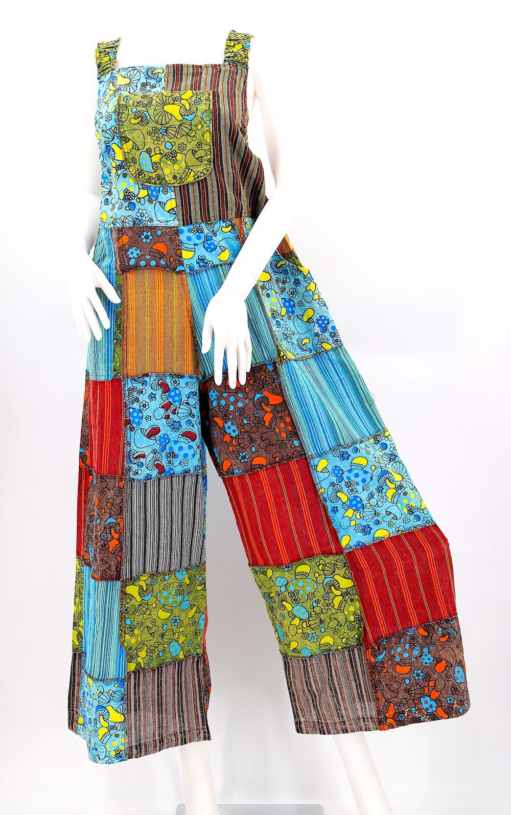 Patchwork Overalls Mushroom Print Multicolor