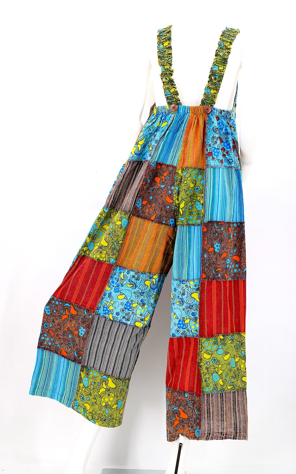 Patchwork Overalls Mushroom Print Multicolor