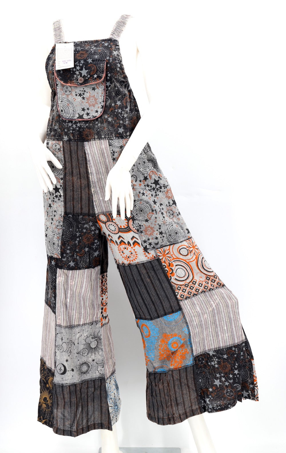 Patchwork Overalls Black/Grey + Orange