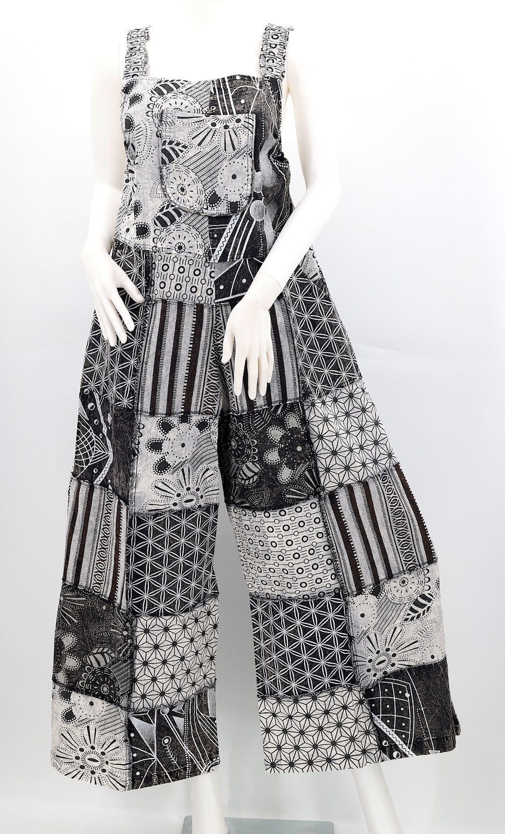Patchwork Overalls Black/White Geometric