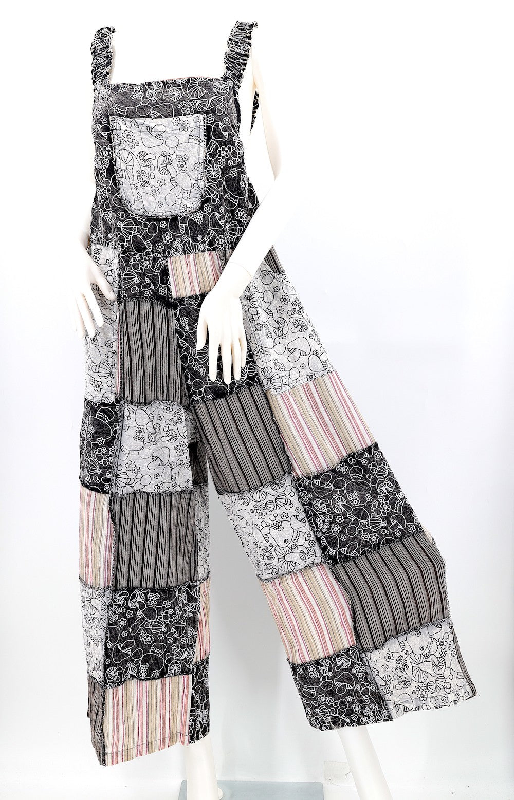 Patchwork Overalls Mushroom Print Black/White