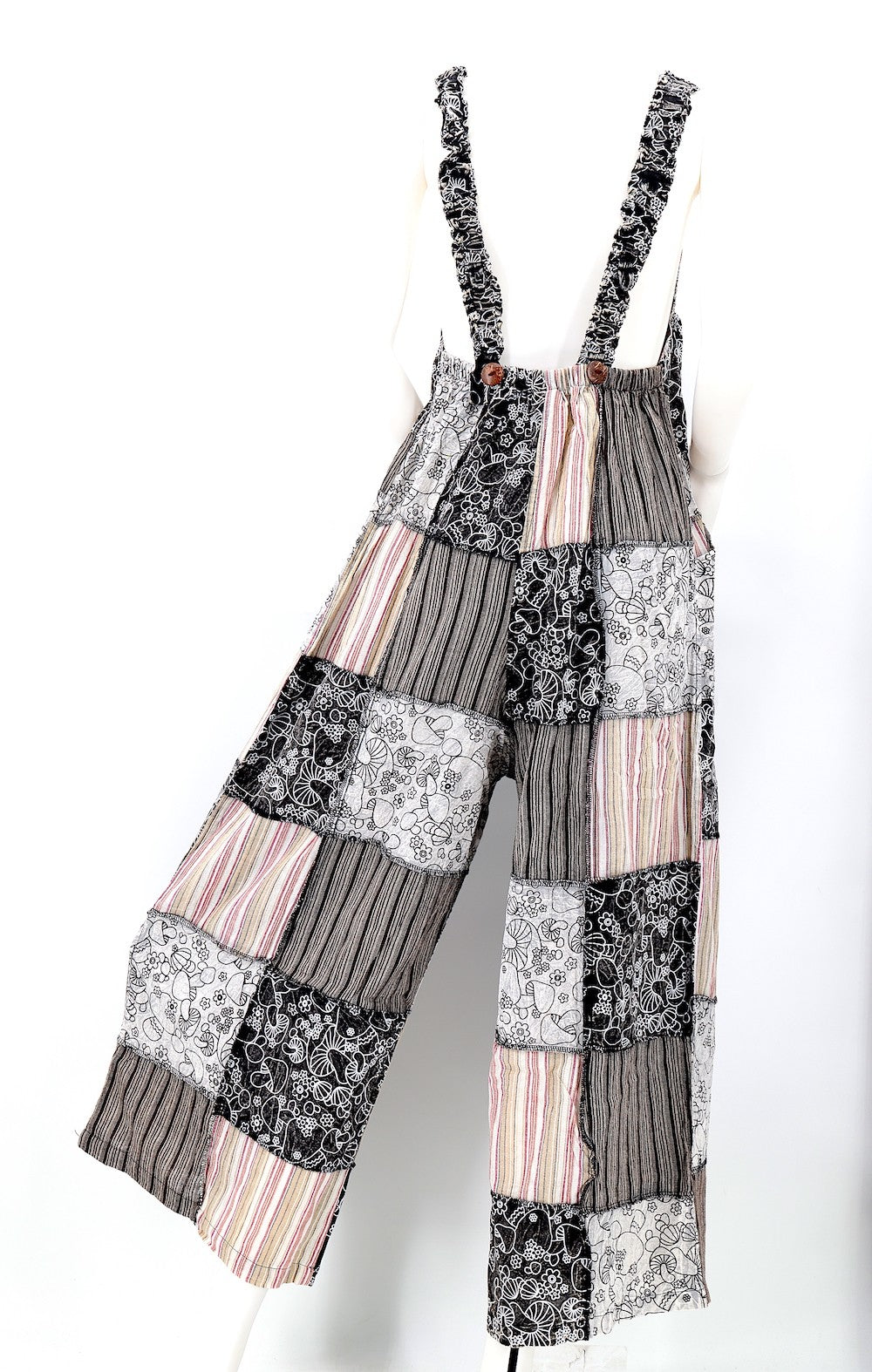 Patchwork Overalls Mushroom Print Black/White
