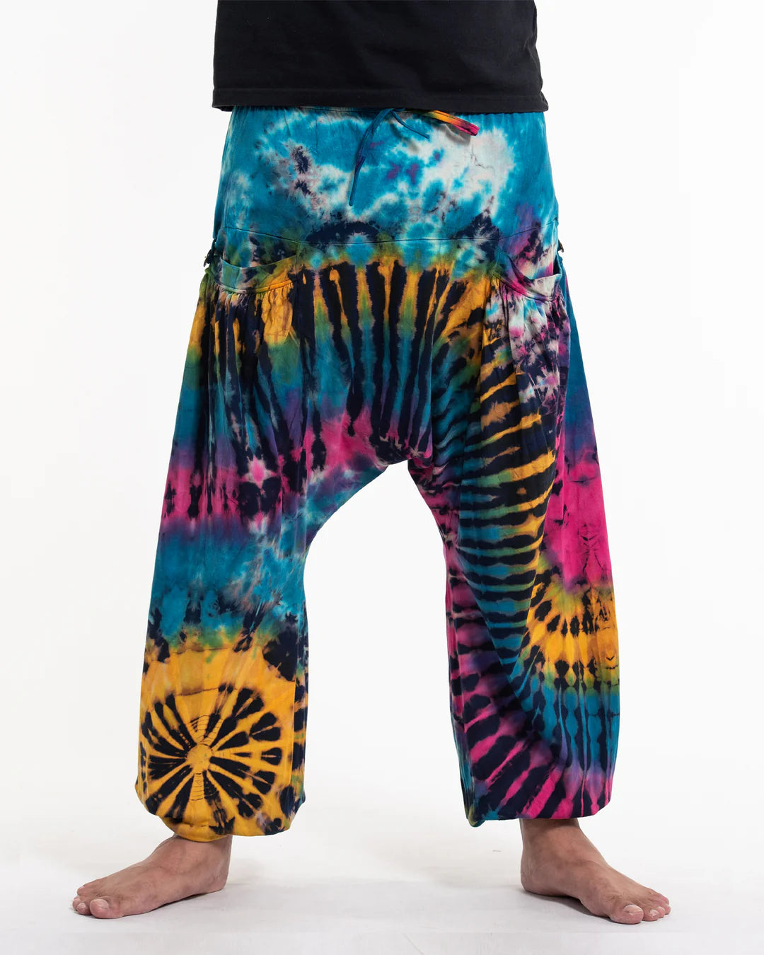 Tie Dye Cotton Harem Pants - Blue/Yellow