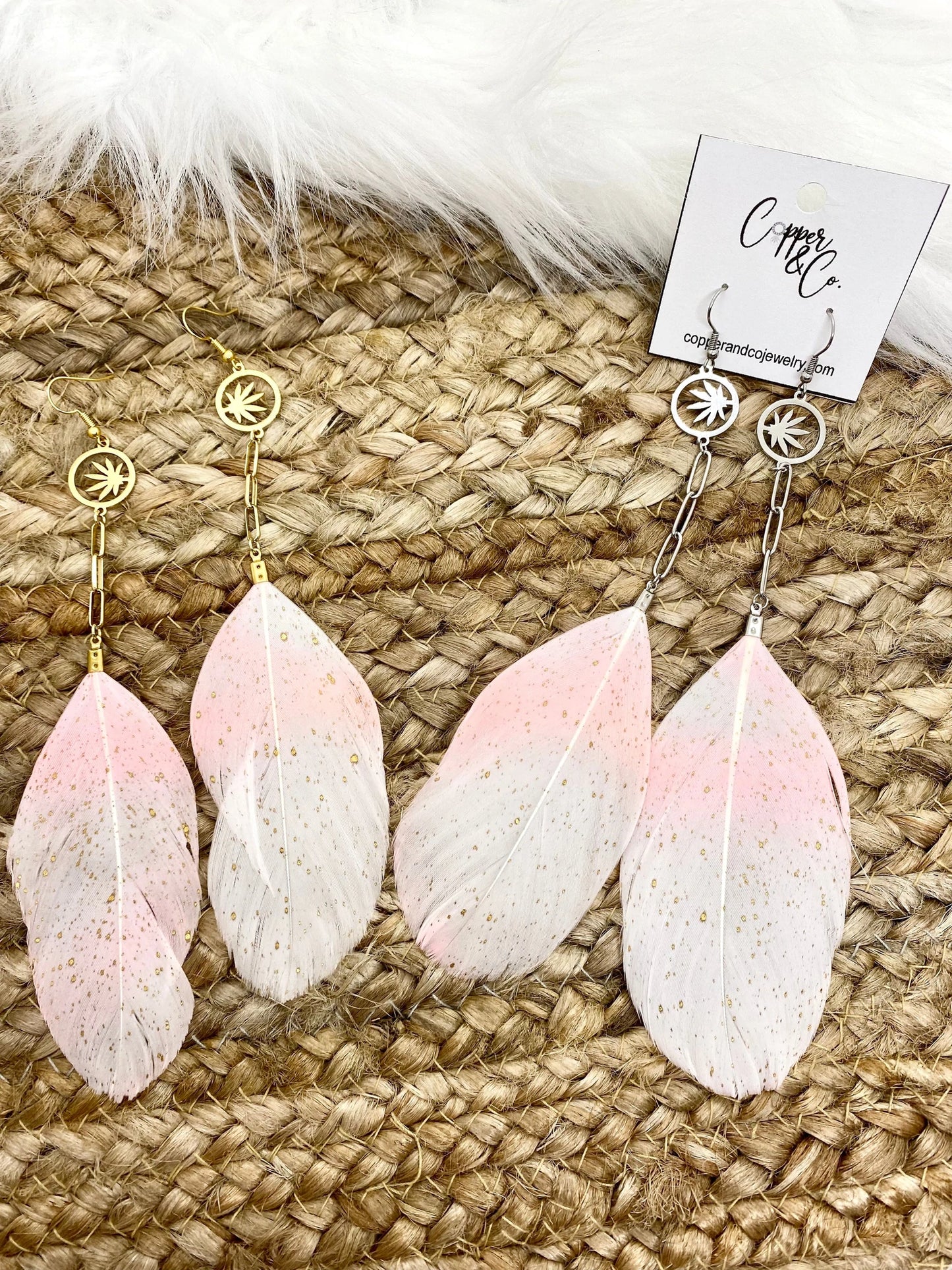 Blunted Pink & White Goose Feather Earrings by Copper & Co