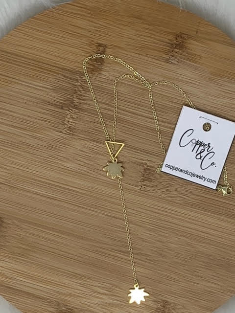 Double Leaf Lariat Triangle Necklace - Gold by Copper & Co