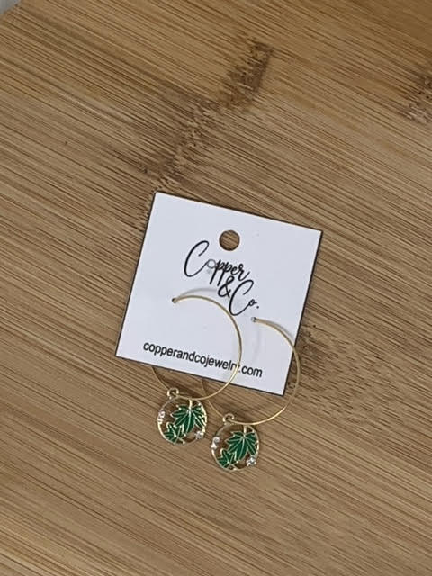 Green Leaf Hoop Earrings - Gold by Copper & Co
