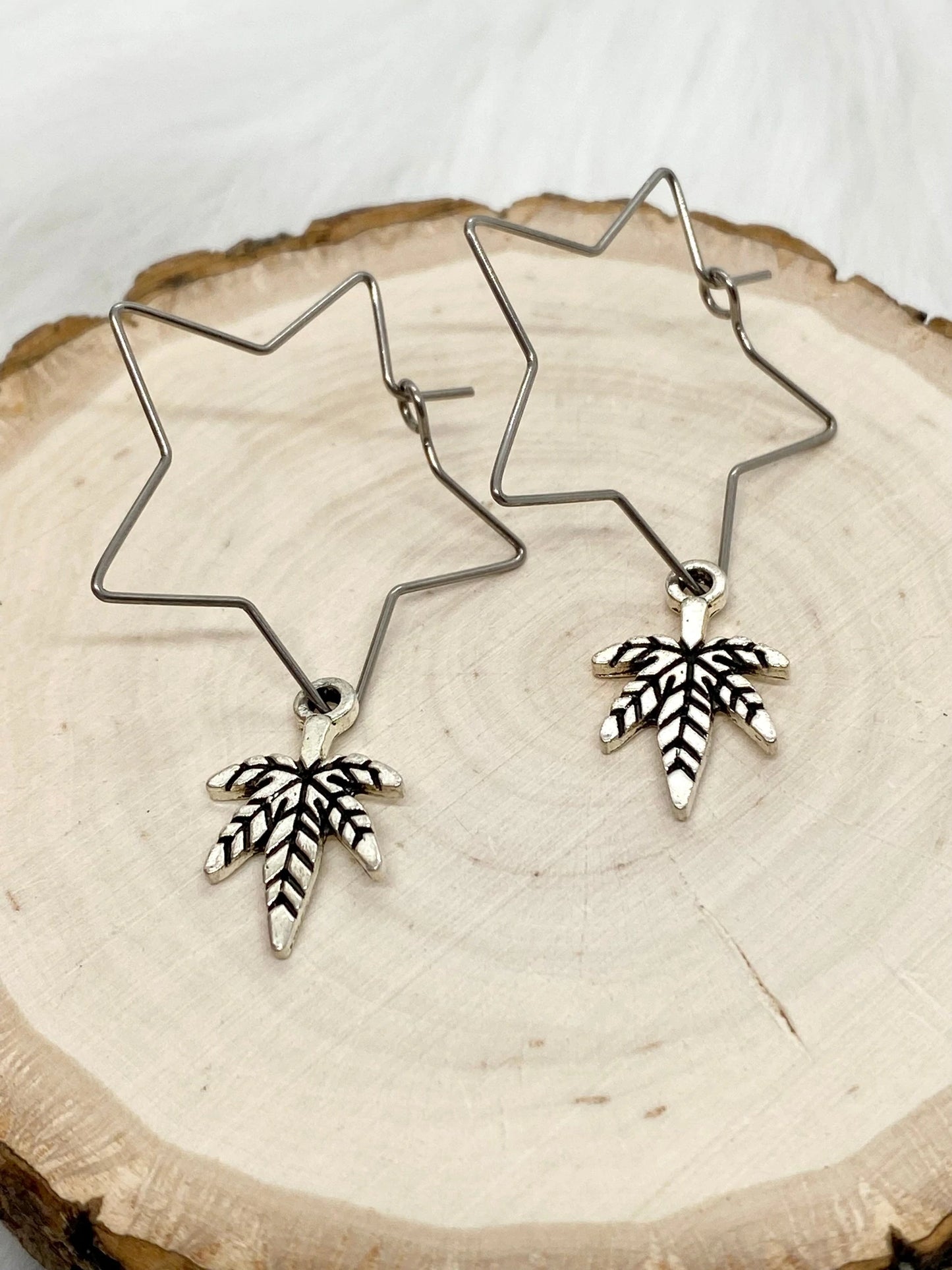 Leaf Star Hoop Earrings - Stainless