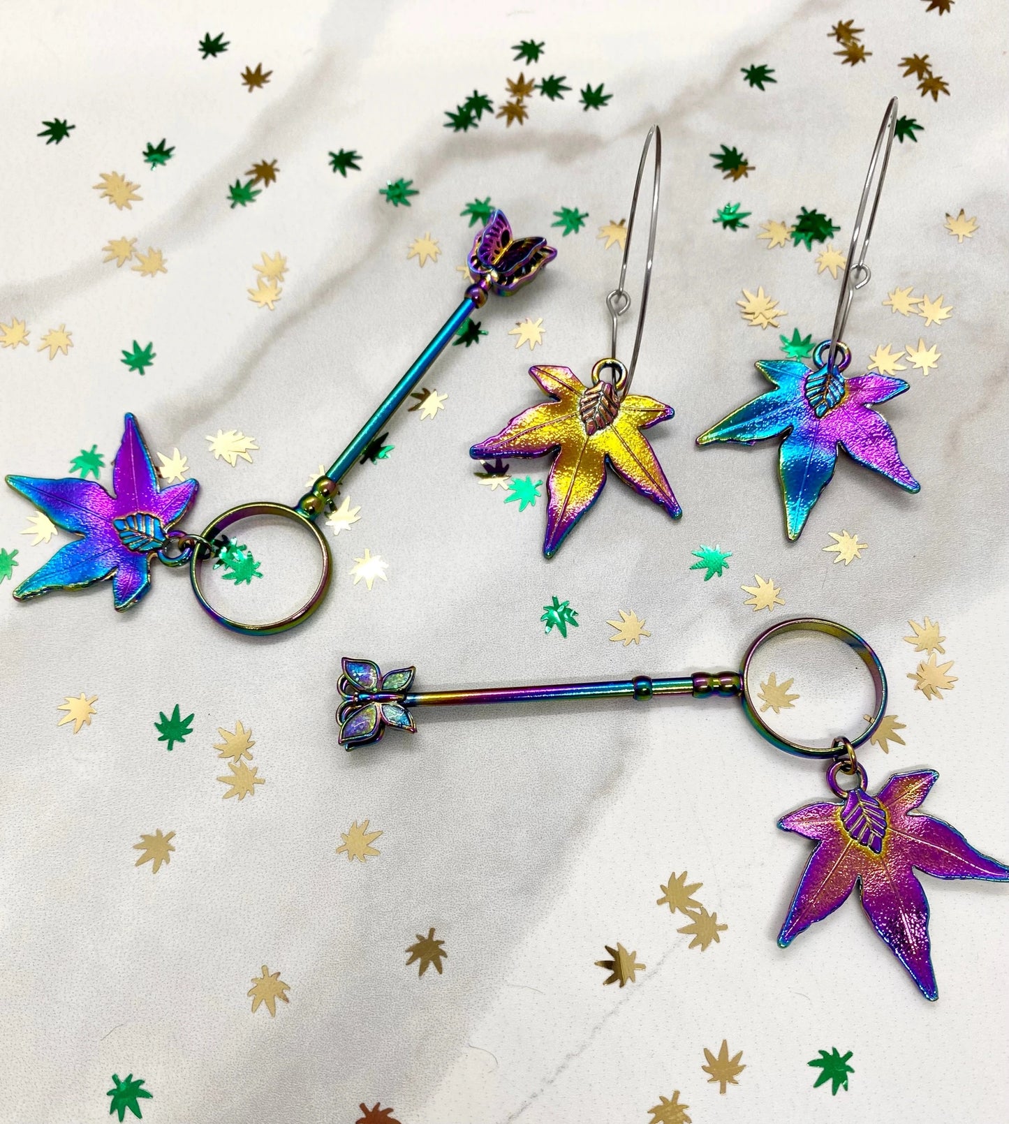Rainbow Chrome Leaf Hoop Earrings