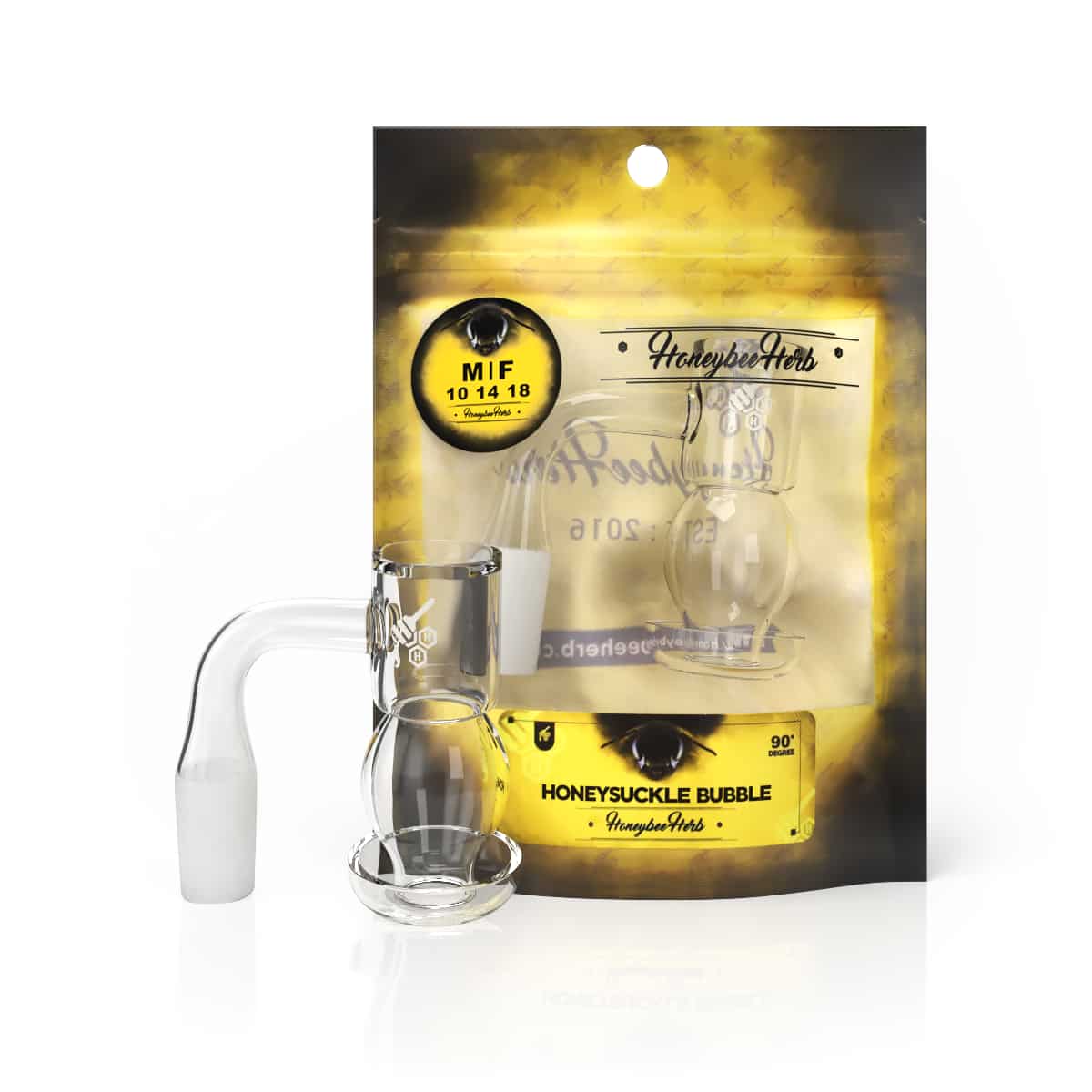 Honeybee Herb Yellow Line Honeysuckle Bubble Banger 90 degree 14 mm M