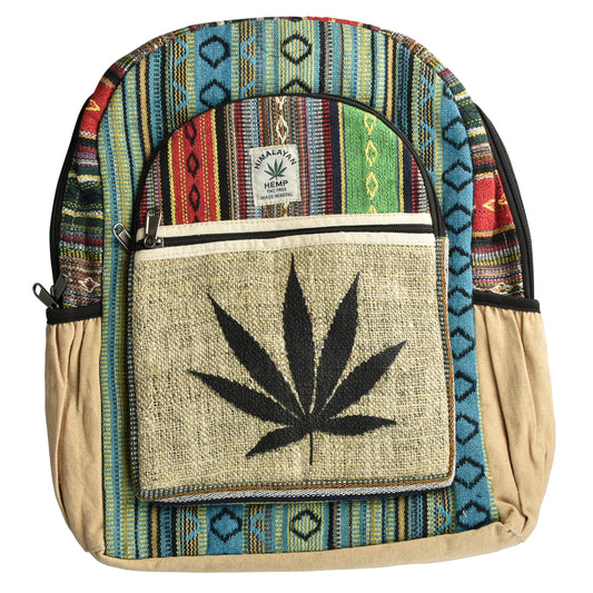Himalaya Handmade Hemp Backpack - Black Leaf Colorful Stripes