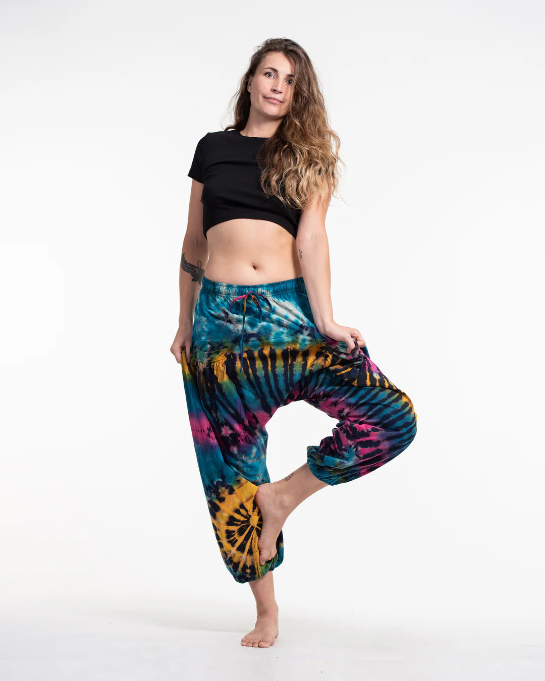 Tie Dye Cotton Harem Pants - Blue/Yellow