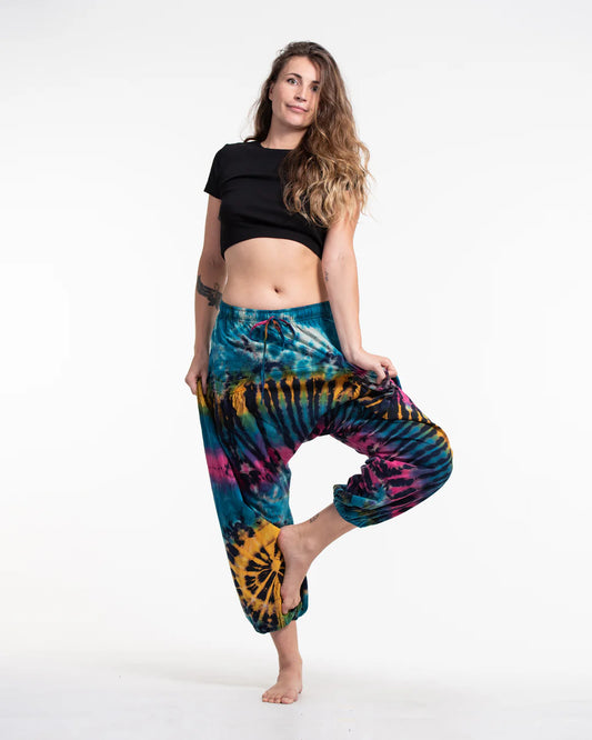 Tie Dye Cotton Harem Pants - Blue/Yellow