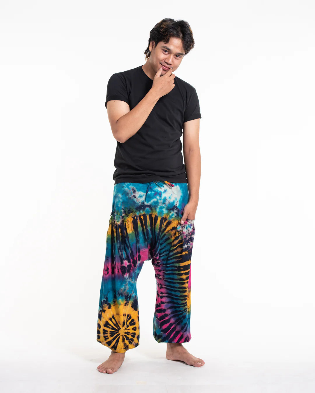 Tie Dye Cotton Harem Pants - Blue/Yellow