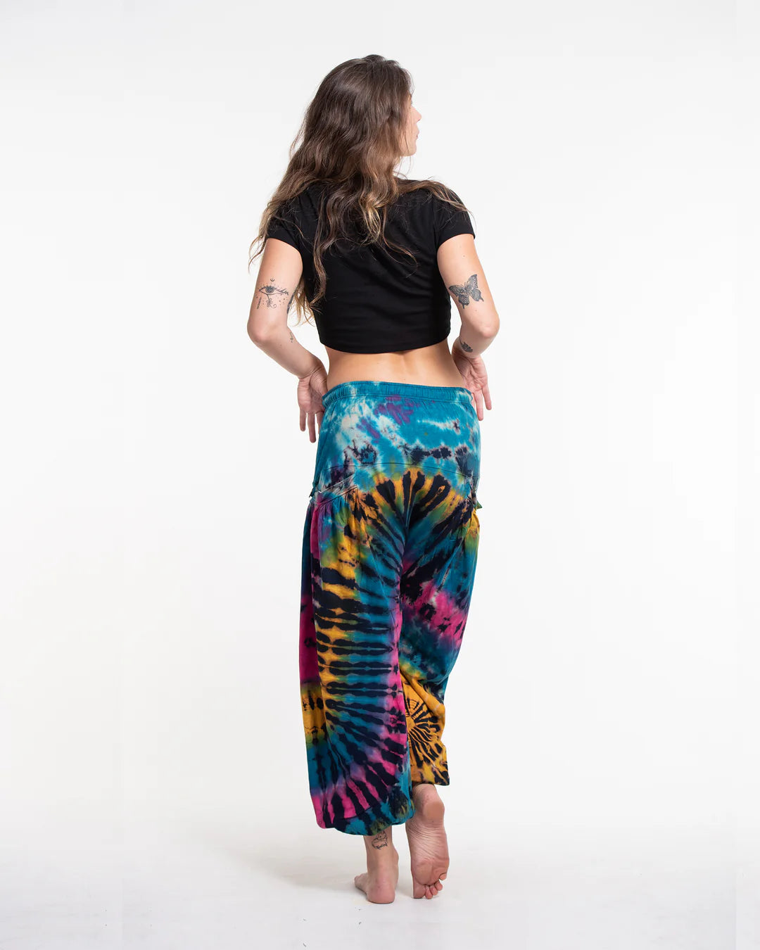 Tie Dye Cotton Harem Pants - Blue/Yellow