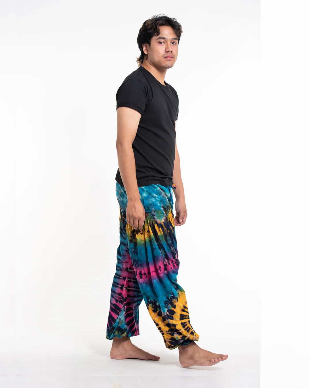 Tie Dye Cotton Harem Pants - Blue/Yellow