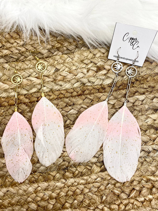 Blunted Pink & White Goose Feather Earrings  by Copper & Co