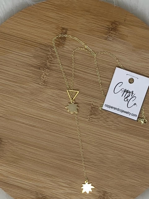 Double Leaf Lariat Triangle Necklace - Gold by Copper & Co