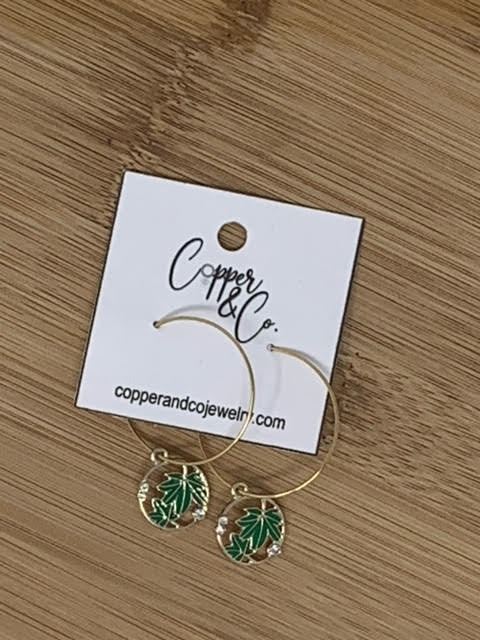 Green Leaf Hoop Earrings - Gold by Copper & Co