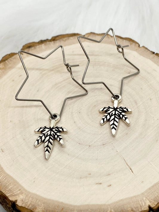 Leaf Star Hoop Earrings - Stainless