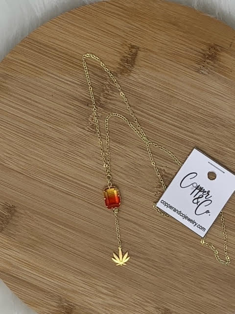 Leaf Yellow/Red Glass Tourmaline Lariat Necklace - Gold by Copper & Co