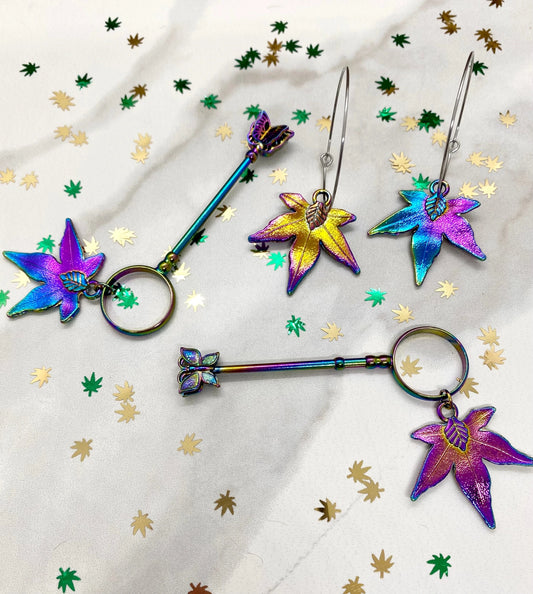 Rainbow Chrome Leaf Hoop Earrings