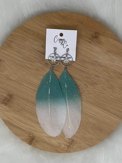 Teal & White Ombre w/ Gold Flecks Goose Feather Earrings
